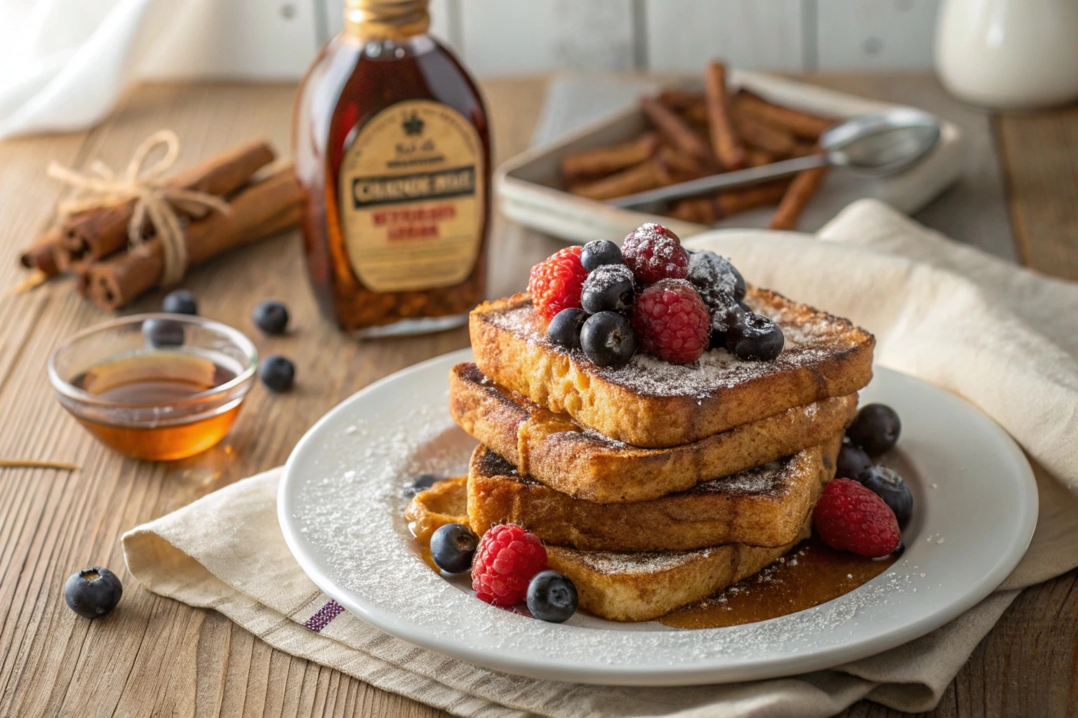 Golden stack of French toast topped with syrup and berries, made with McCormick spices.