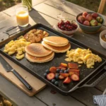 Delicious breakfast spread of pancakes, scrambled eggs, and hash browns on a Blackstone griddle outdoors.