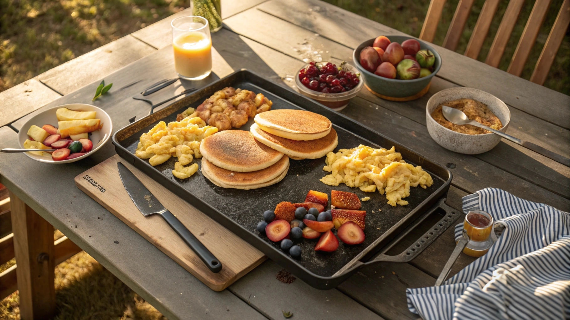 Delicious breakfast spread of pancakes, scrambled eggs, and hash browns on a Blackstone griddle outdoors.