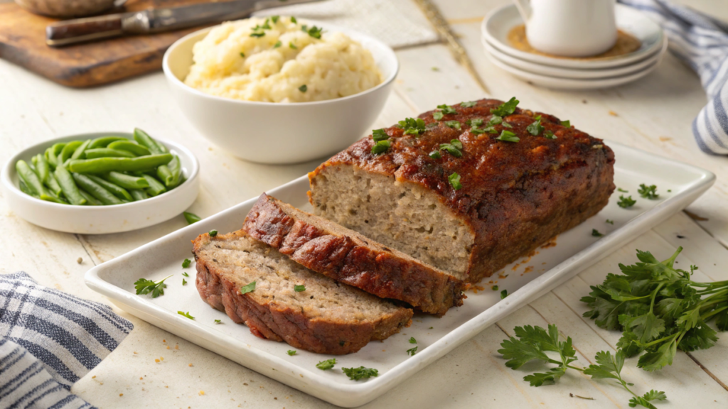 Freshly baked meatloaf with Lipton onion soup, served with mashed potatoes and green beans on a white plate.