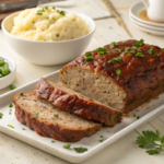 Freshly baked meatloaf with Lipton onion soup, served with mashed potatoes and green beans on a white plate.