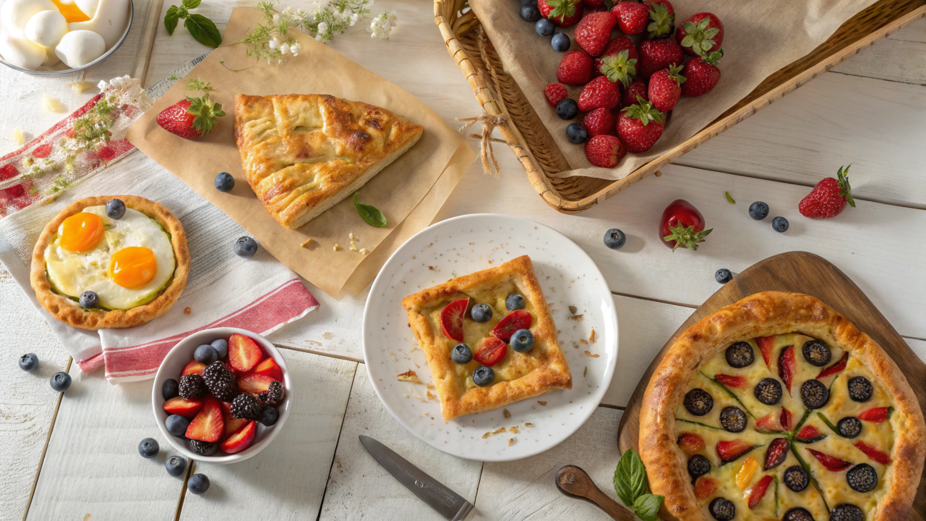 Rustic breakfast table with golden puff pastry breakfast recipes including danishes, breakfast pockets, and fruit-filled pastries.