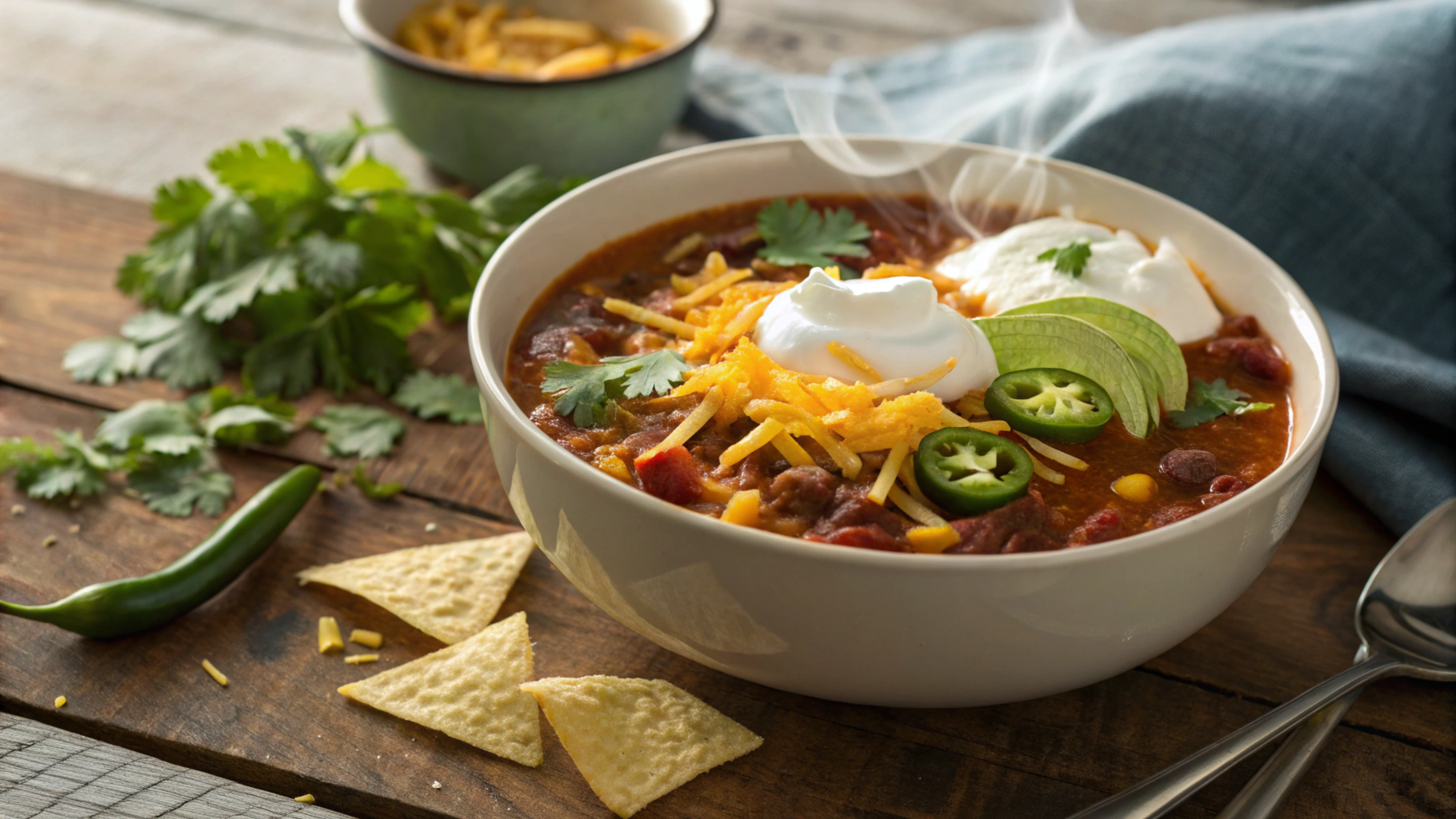 A steaming bowl of taco soup frios topped with cheese, sour cream, and tortilla chips on a rustic table.