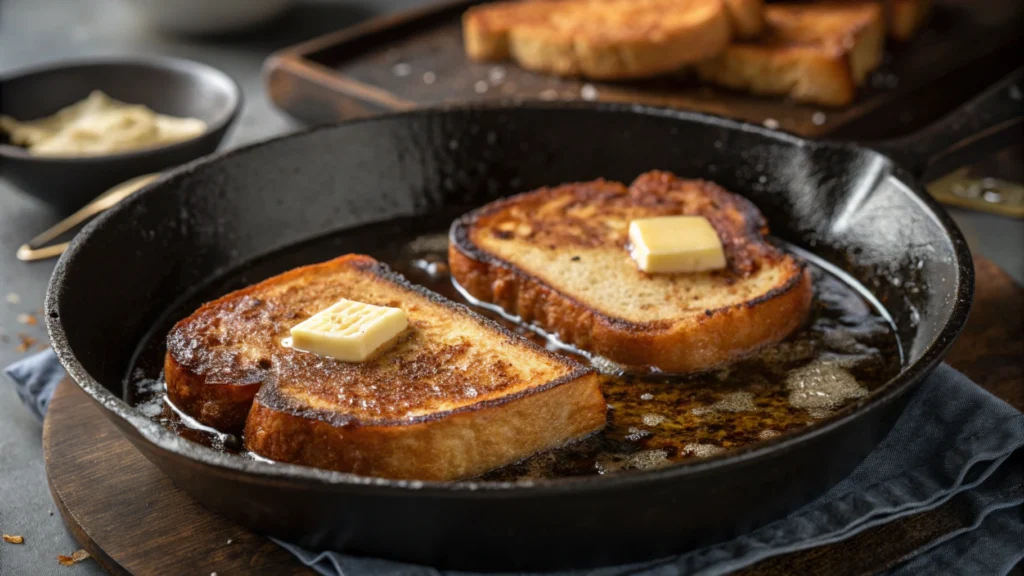 Sourdough French toast slices frying in a skillet with butter.