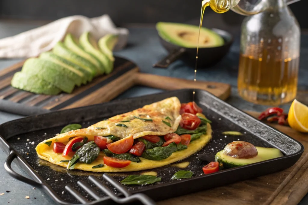 Vegetable omelet with spinach and tomatoes cooking on a Blackstone griddle.