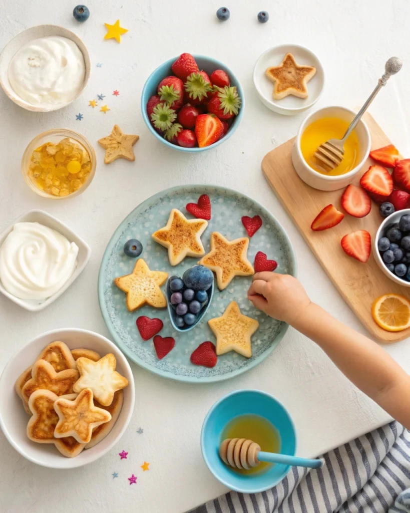 Mini star and heart-shaped pancakes with fruit and yogurt on a table, perfect for kids.