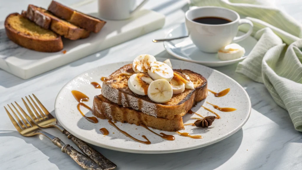 Sourdough French toast with whipped cream, bananas, and caramel drizzle.