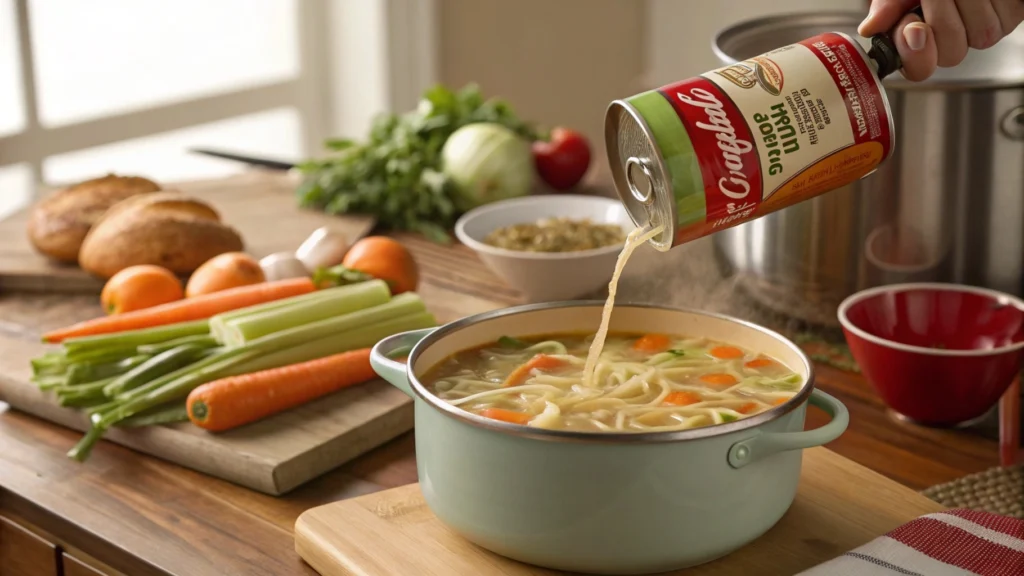 Campbell’s chicken noodle soup being poured into a pot with fresh vegetables in the background.