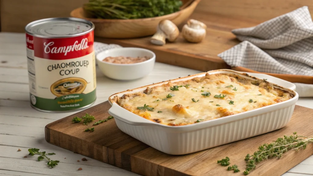 Creamy casserole topped with melted cheese, made with Campbell’s cream of mushroom soup.