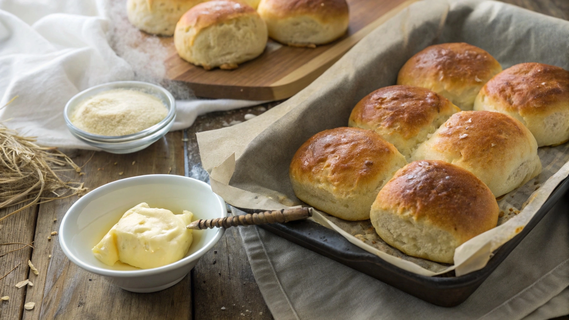 Golden brown no yeast dinner rolls on a rustic baking tray with butter on the side.