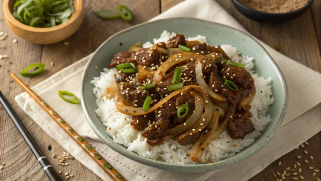 Ground beef bulgogi served over rice with sesame seeds and green onions on a wooden table.