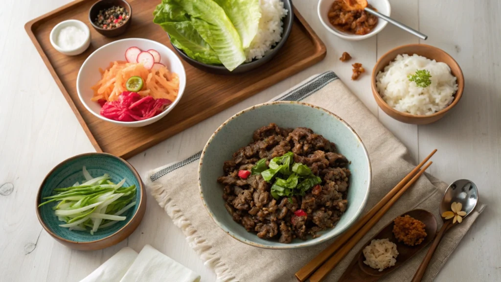 Ground Beef Bulgogi Served with Traditional Korean Sides