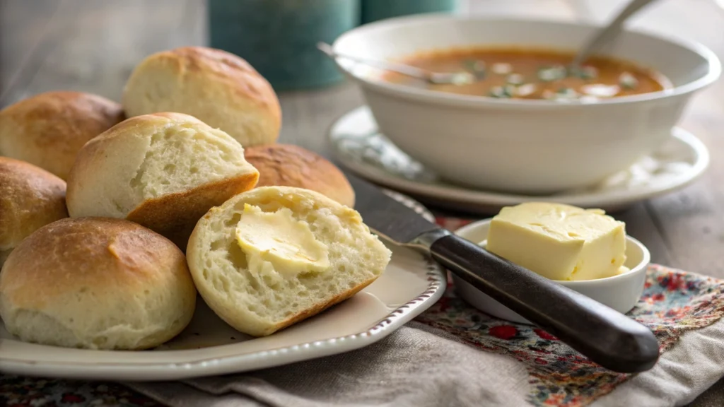 Serving No Yeast Dinner Rolls with Butter and Soup