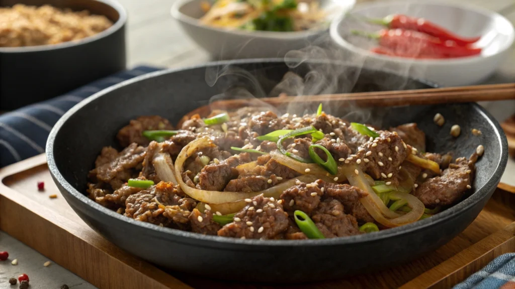 Sizzling Ground Beef Bulgogi Cooking in Skillet 1