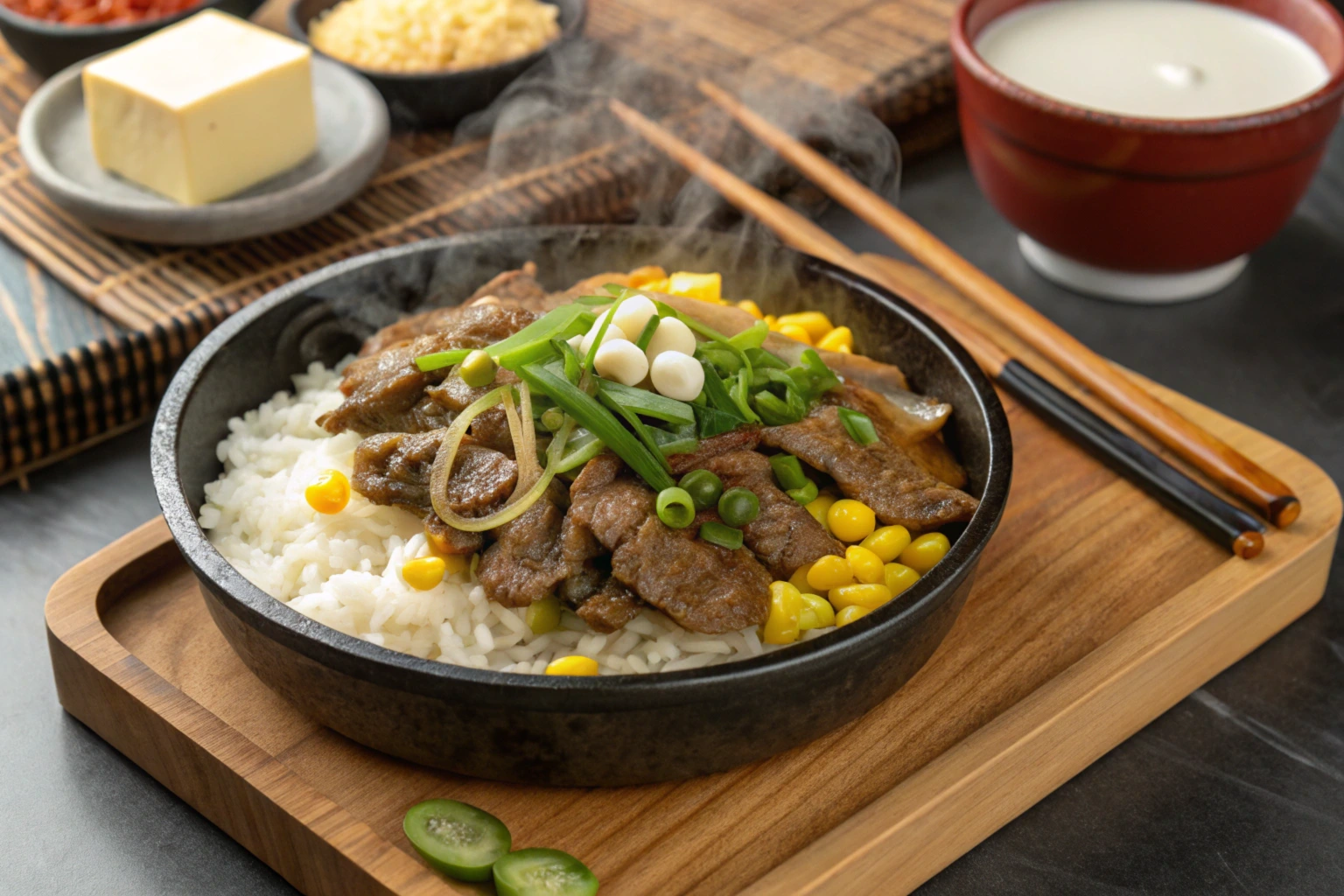 Sizzling Pepper Lunch with beef, rice, and corn on a hotplate, garnished with butter and green onions.