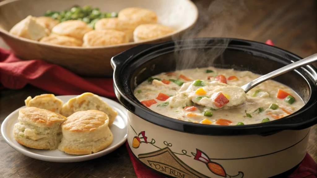 Slow cooker filled with creamy chicken pot pie filling made with Campbell’s cream of chicken soup.