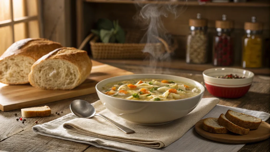 Steaming bowl of Campbell's chicken noodle soup with bread in a cozy kitchen setting.