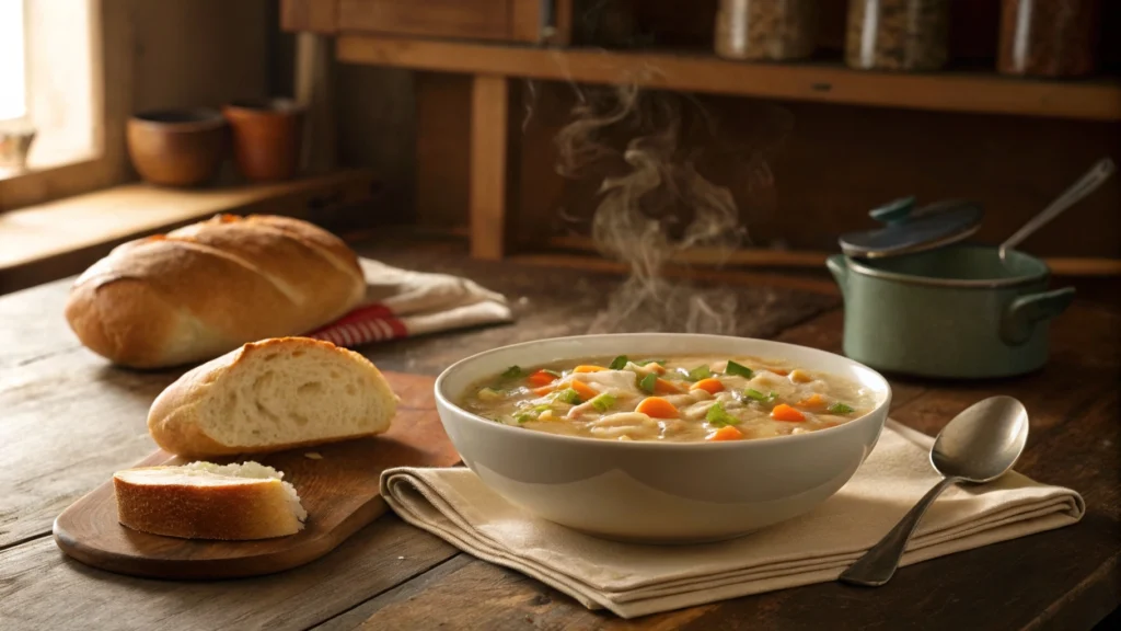 Steaming bowl of Campbell's chicken noodle soup with bread in a cozy kitchen setting.