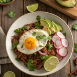 Plated carnitas breakfast with sunny-side-up eggs, avocado crema, radishes, and lime wedges on a rustic wooden table.