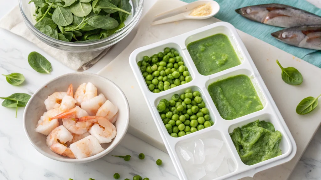 Fresh ingredients like shrimp, peas, and spinach being blended for a homemade fish food recipe, with ice cube trays and a fish tank in the background.