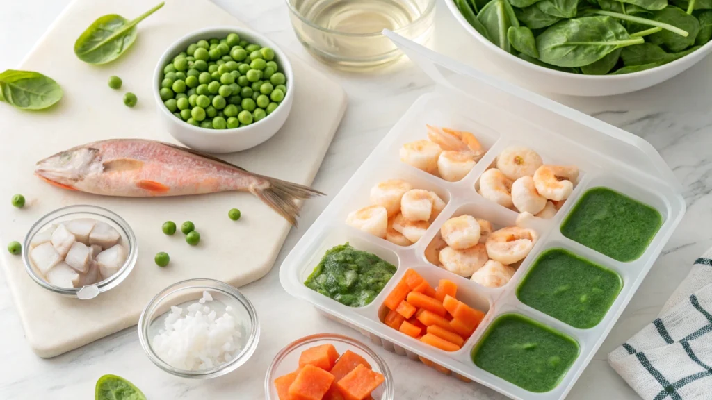 Fresh ingredients like shrimp, peas, and spinach blended for a homemade fish food recipe, with ice cube trays and a fish tank in the background.