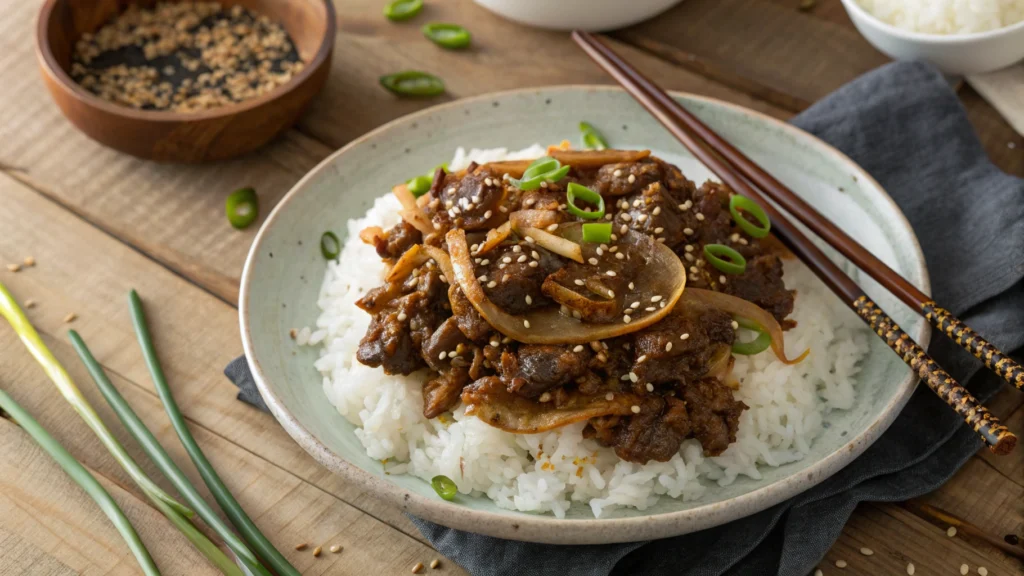 Sizzling ground beef bulgogi served over steamed rice, garnished with sesame seeds and chopped green onions on a rustic wooden table.