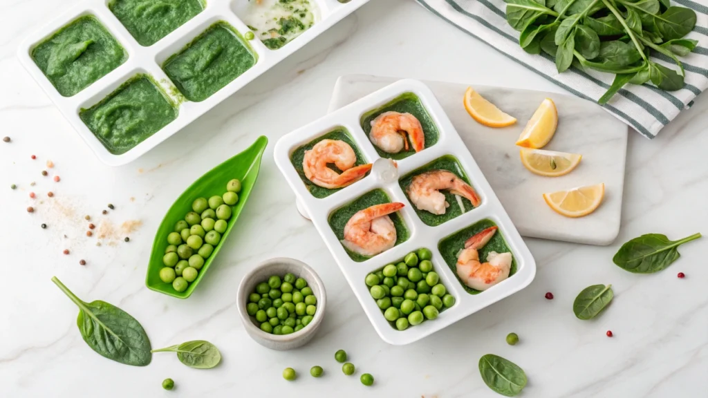  Ice cube trays filled with homemade fish food using spinach, shrimp, and peas, ready to freeze.