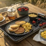 Fluffy pancakes, scrambled eggs, and crispy hash browns cooking on a Blackstone griddle outdoors.