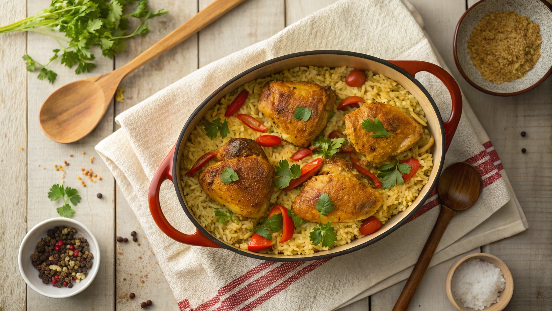 Overhead view of a casserole dish filled with baked chicken thighs, rice, and pimentos, garnished with fresh cilantro.