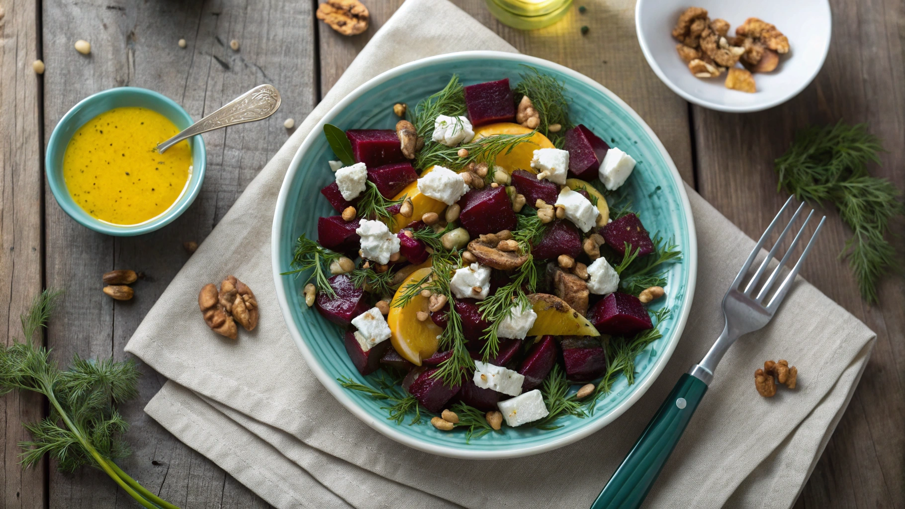 Overhead view of the Balthazar beet salad featuring roasted beets, goat cheese, walnuts, and citrus vinaigrette on a rustic table