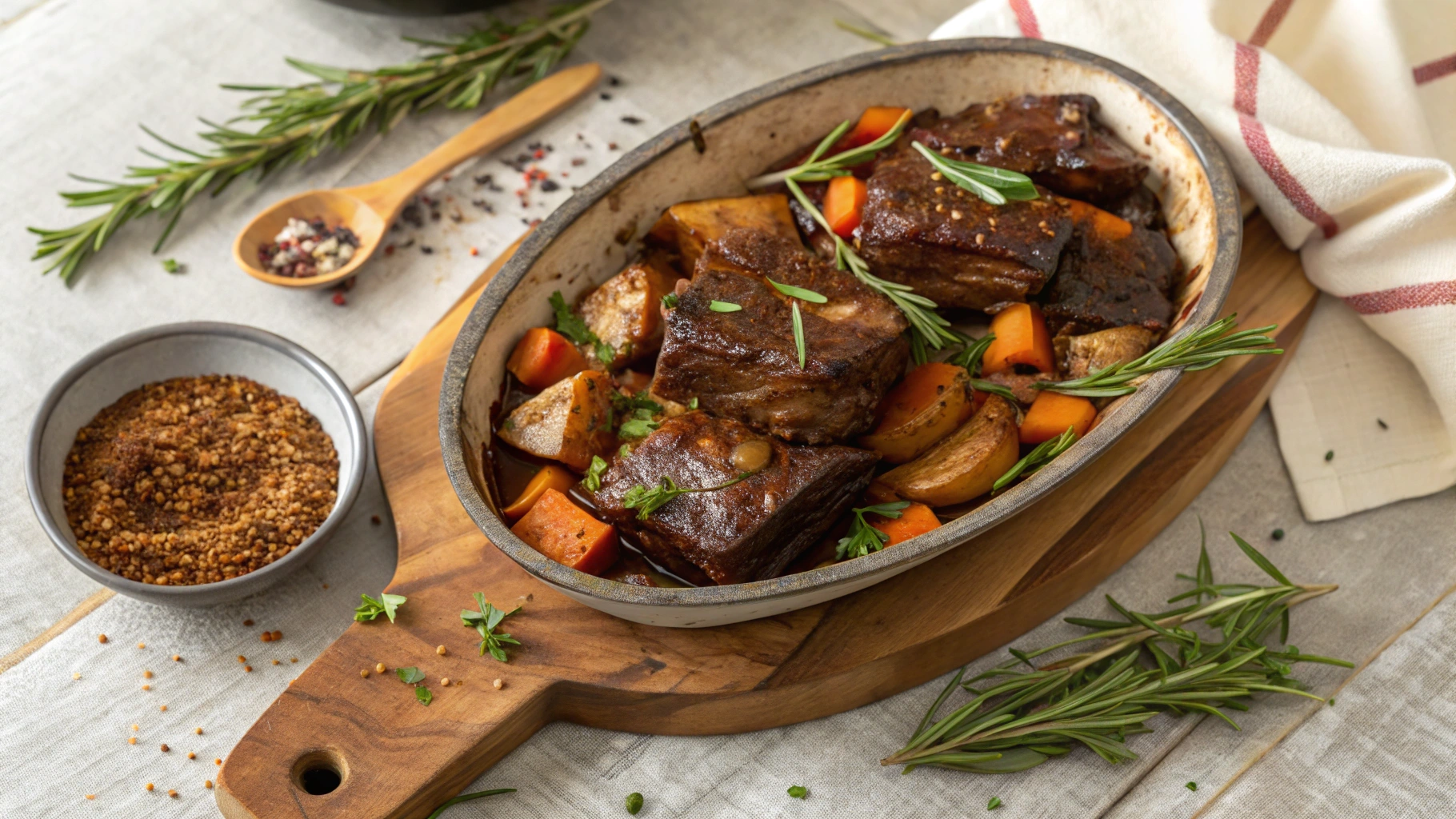 Braised beef short ribs glazed with oxtail seasoning, served on a rustic wooden platter with herbs and roasted vegetables.