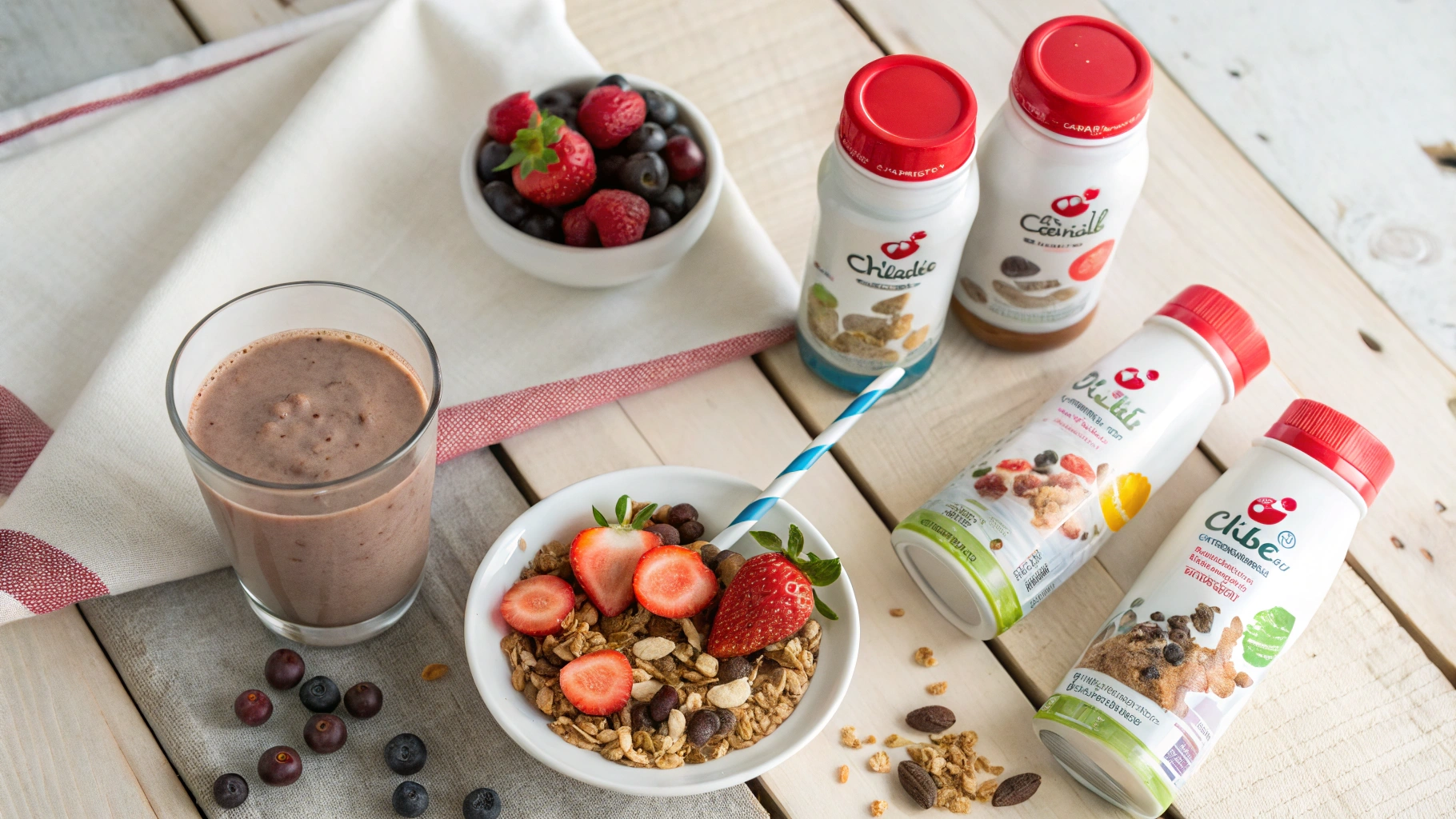 A collection of Carnation Instant Breakfast products with a prepared glass of chocolate drink surrounded by fresh fruits and granola on a rustic breakfast table