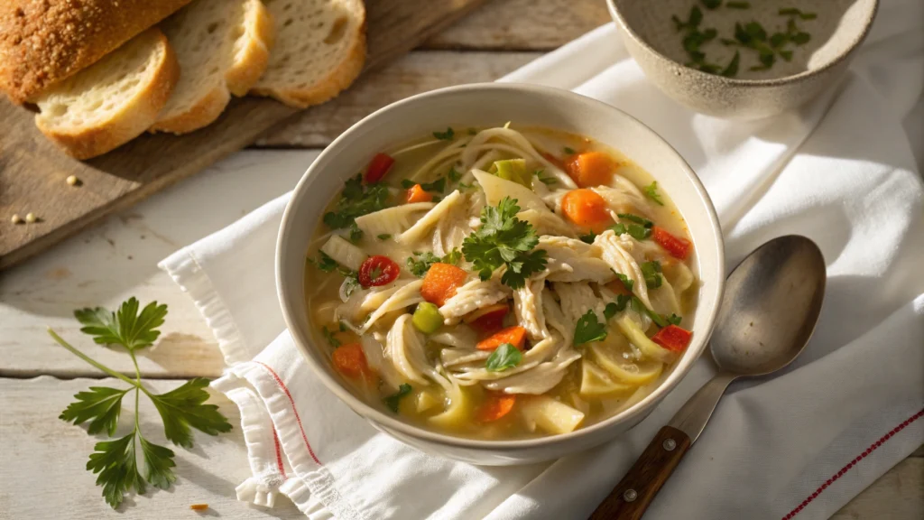 A warm bowl of Carrabba’s chicken soup with pasta, vegetables, and fresh parsley on a rustic table.