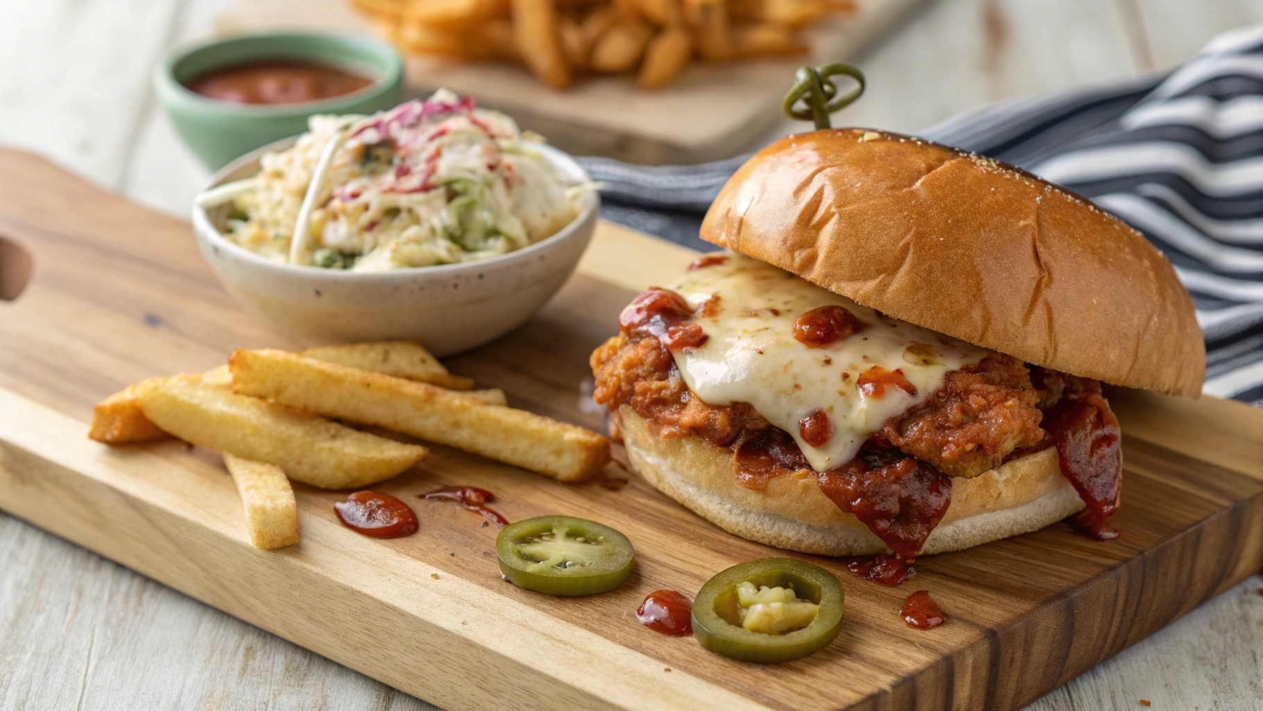 Cheesy chicken sloppy joe sandwich served with fries and coleslaw on a wooden board.