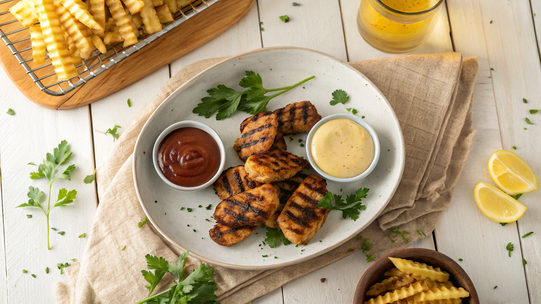 Overhead view of Chick Fil A grilled nuggets served with honey mustard and barbecue sauce, garnished with parsley