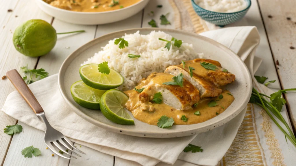 Churu chicken amarillo dish served with rice and lime wedges.