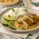 Churu chicken amarillo dish served with rice and lime wedges.