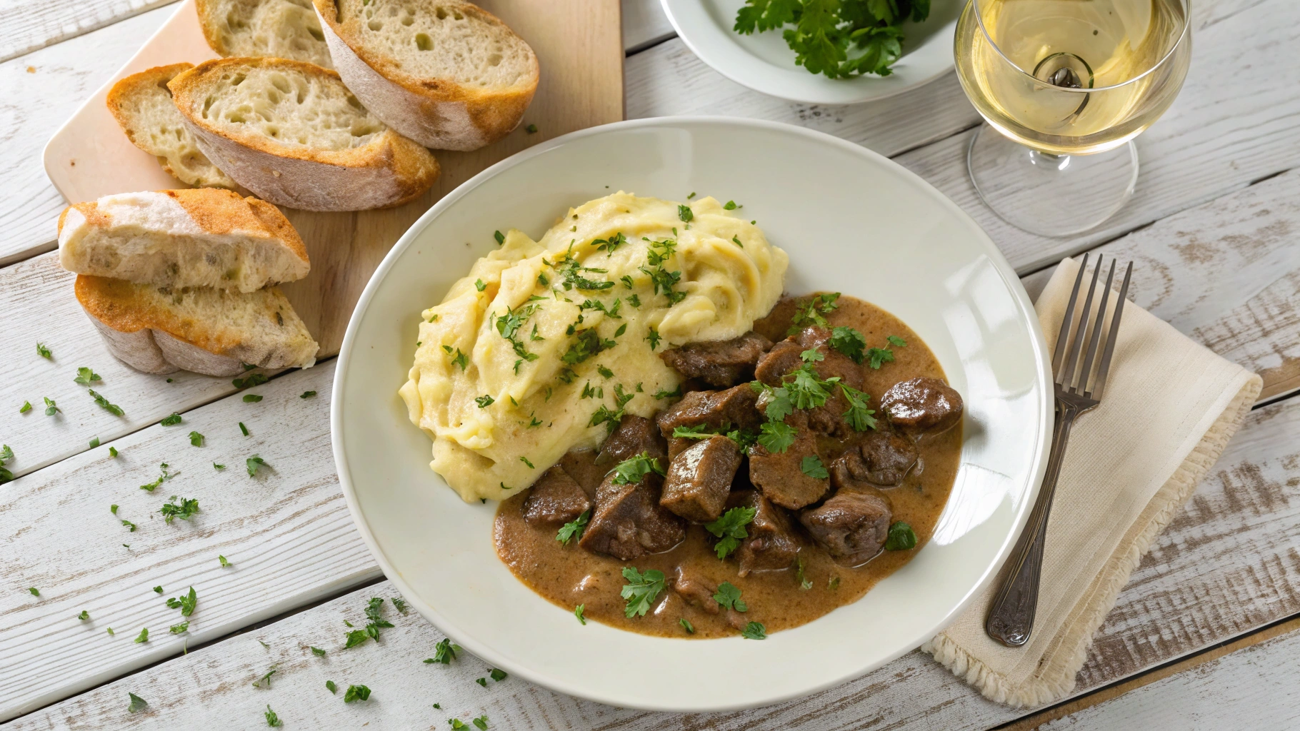 Overhead shot of a classic French beef kidney dish in creamy Dijon mustard sauce, garnished with parsley.