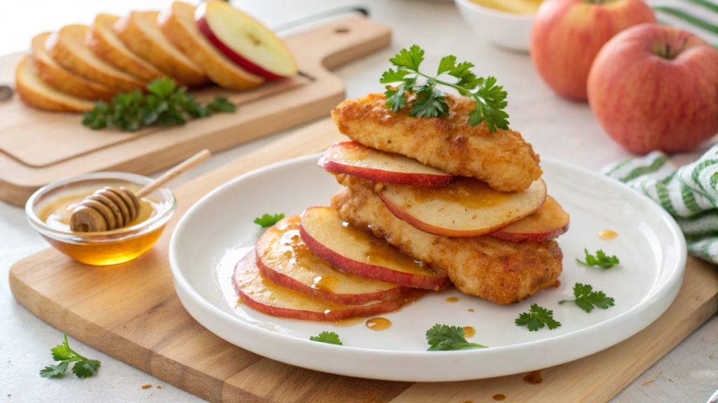 Crispy apple and honey-glazed chicken tenders stacked on a plate with apple slices and honey drizzle.