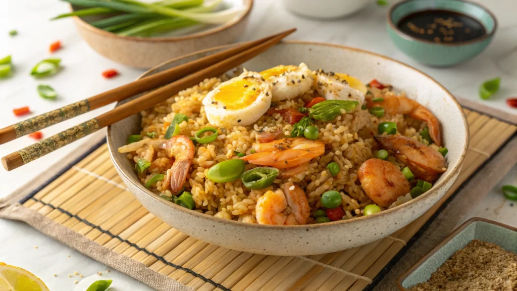 A vibrant plate of egg chicken and shrimp fried rice garnished with green onions and sesame seeds, served with chopsticks.