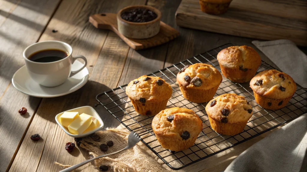 Freshly baked GAPS raisin muffins cooling on a wire rack with golden tops and visible plump raisins.