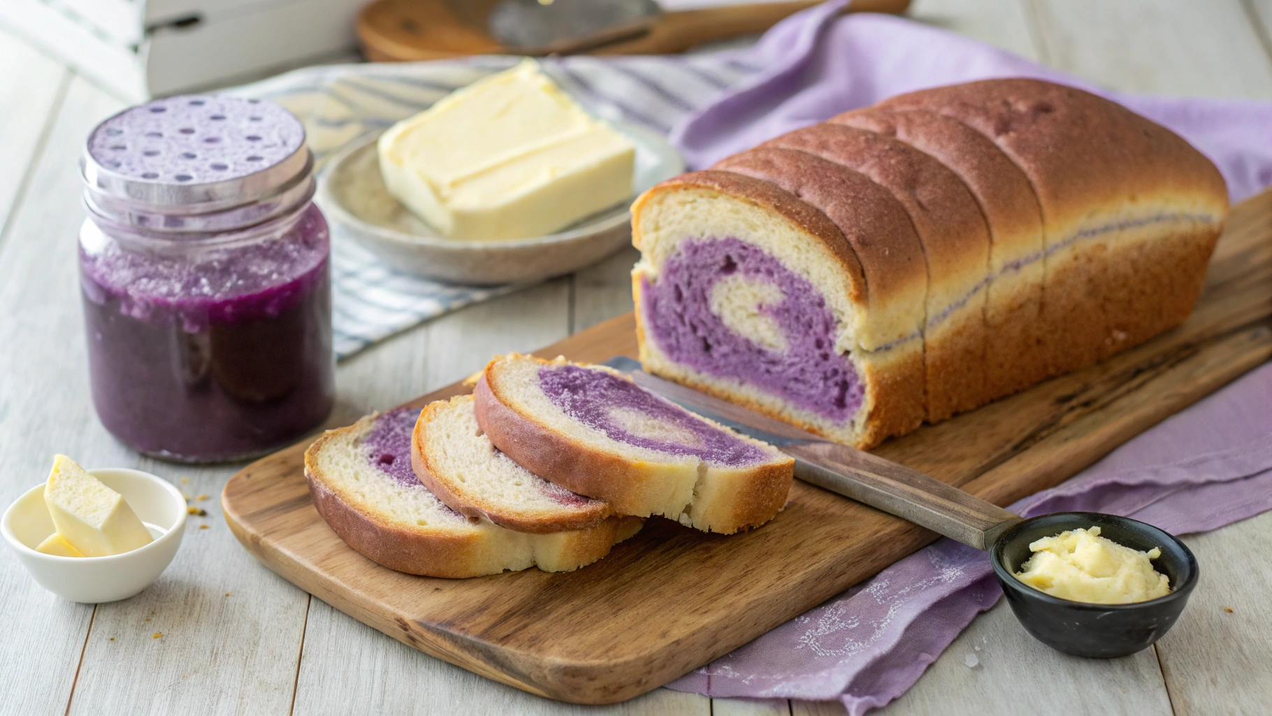 Freshly baked ube milk bread sliced on a wooden cutting board with a jar of ube extract and butter knife nearby.