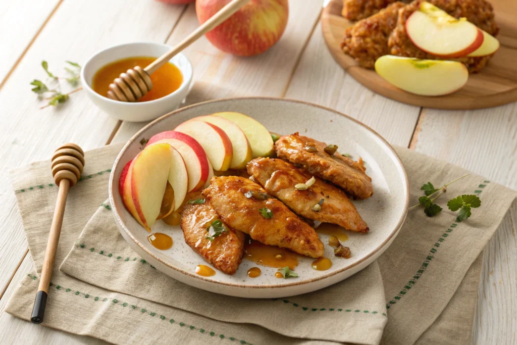 Honey-glazed chicken tenders with apple slices on a rustic plate.