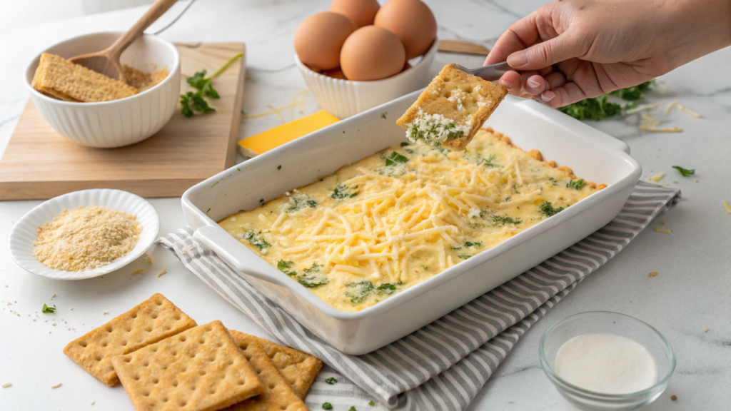 Freshly baked egg casserole with a golden cracker topping, served in a white dish on a wooden countertop.