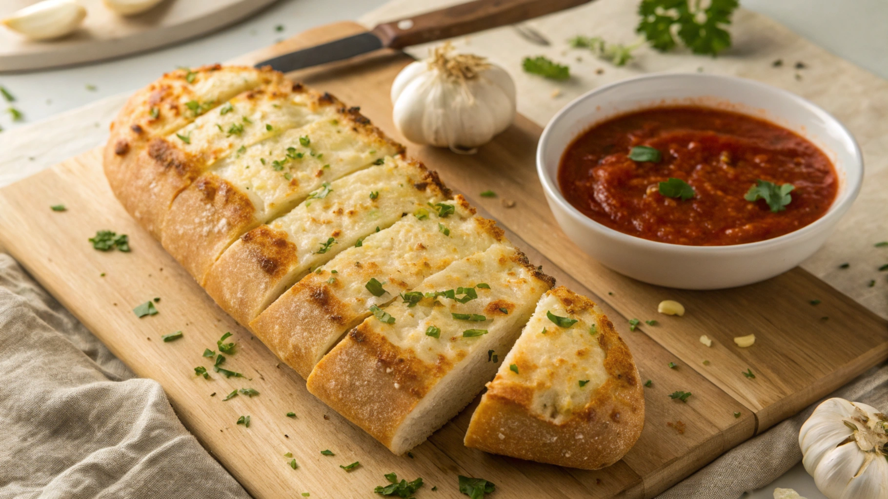 Garlic cheese bread sliced and served on a wooden board with marinara sauce and parsley garnish.