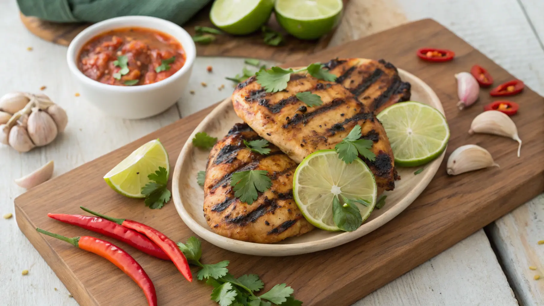 Grilled Mexican chicken with lime wedges and cilantro on a wooden cutting board.