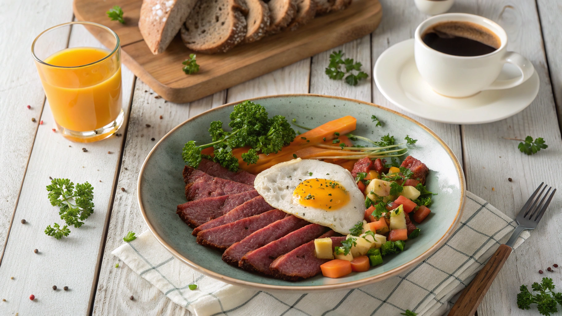 A colorful breakfast plate featuring canned corned beef, vegetables, and a sunny-side-up egg on a rustic table