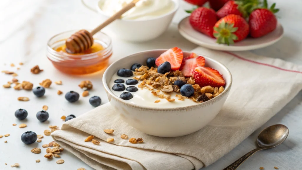 Granola bowl with yogurt, fresh berries, and honey drizzle served for breakfast