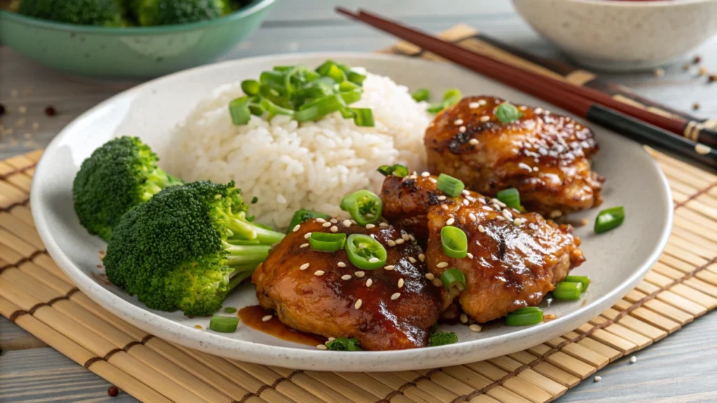 Close-up of Panda Express Teriyaki Chicken recipe served with rice and broccoli, garnished with sesame seeds and green onions.