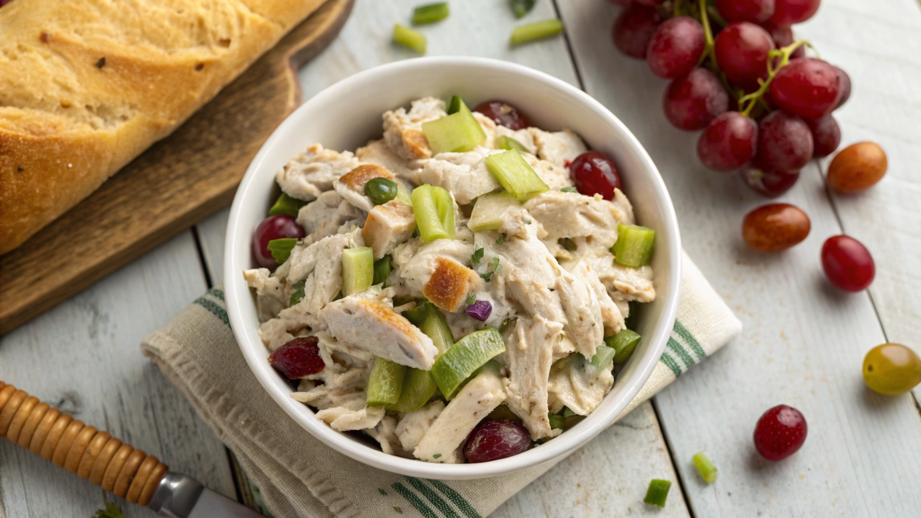 Homemade Panera bread chicken salad with grapes, celery, and creamy dressing in a bowl.